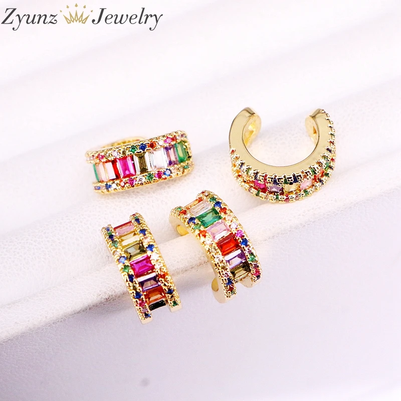 

5Pairs, Micro Pave Crystal Zirconia Gold Color Colorful Ear Cuff NO Piercing Charm Rainbow NEW Clip On Cuff CZ Earring