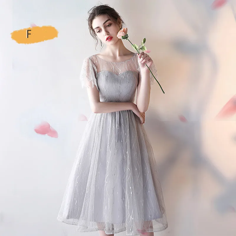 Silver Gray F Элегантное платье без бретелек с открытыми плечами для подружки невесты, очаровательное кружевное платье трапециевидной формы с коротким рукавом, Тюлевое вечернее платье для свадьбы - Цвет: Silver Gray F