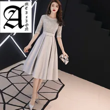 2019 New Spring summer Tea-Length Evening Dress O-neck Half Sleeve Silver Slim Prom Party Dresses Bow Sashes Haute Couture v neck half sleeve tea length dress