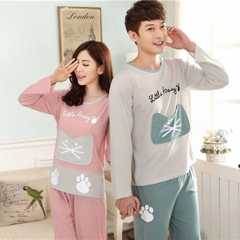

Pajamas Sets Autumn Winter Couple Cute Cat Letter Printed Patchwork Pyjamas Comfy Milk Silk Fabric Long Sleeve Women Sleepwear