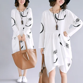 

New Autumn and Winter Traditional Easy Long sleeves Cotton and Linen Woman National Wind Costume Printing Dress NY1881838