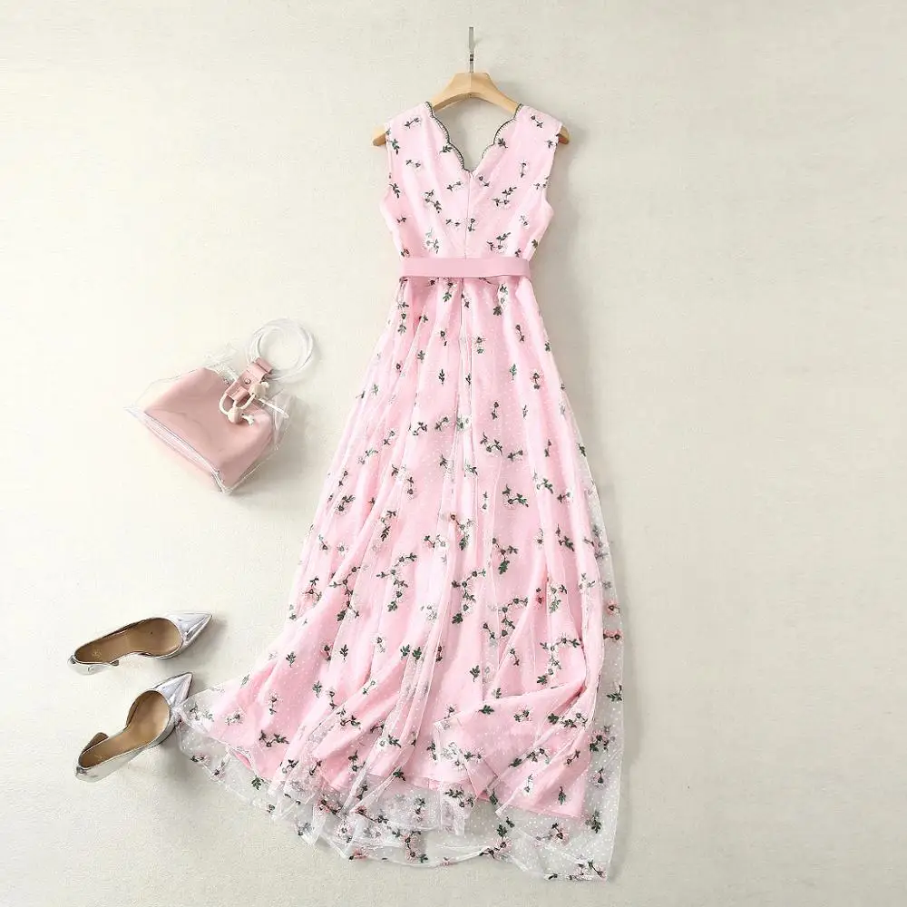 Европейская и американская Женская мода Весенняя новая стильная сетчатая с вышивкой модные ремни без рукавов с v-образным вырезом розовое платье