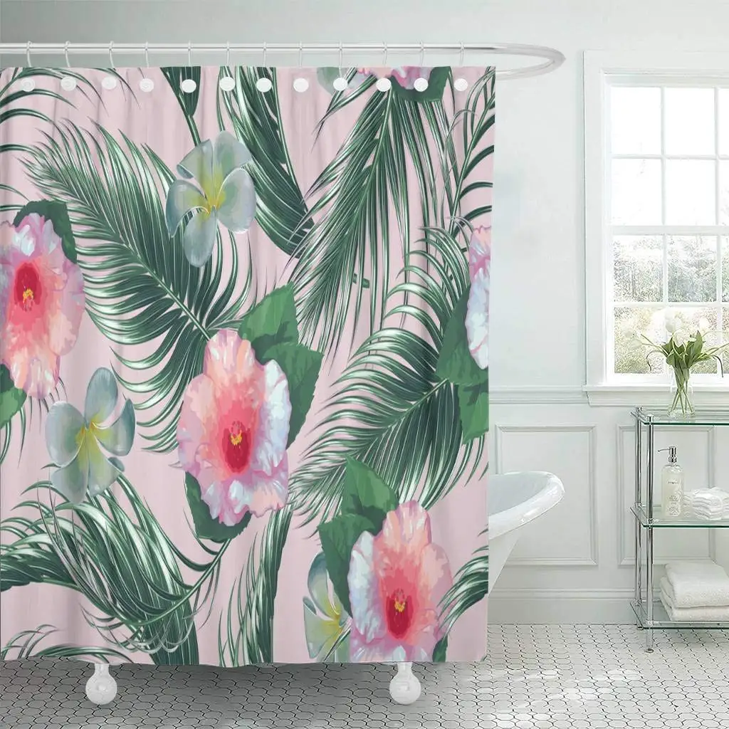 

Fabric Shower Curtain Colorful Leaf Tropical Flowers Palm Leaves Hibiscus Floral Pattern Exotic Green Beauty Bathroom Curtains