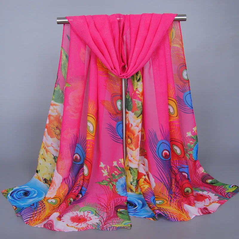 

feather printed long colored chiffon shawls capes summer wear wraps head bufandas invierno mujer scarf