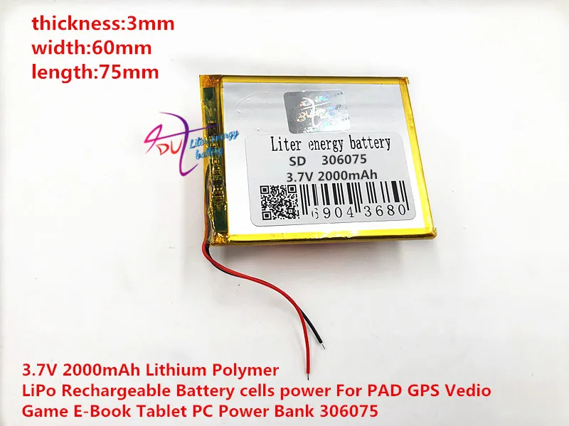 3,7 в 2000 мАч литиево-полимерный lipo аккумуляторные батареи питания для PAD gps видеоигра электронная книга планшет Дополнительный внешний аккумулятор 306075
