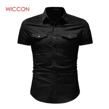 

New Men Summer Fashion Short Sleeve Pocket Button Turn-down Collar Shirt Military Casual Slim Fit Male Denim Shirt Tops
