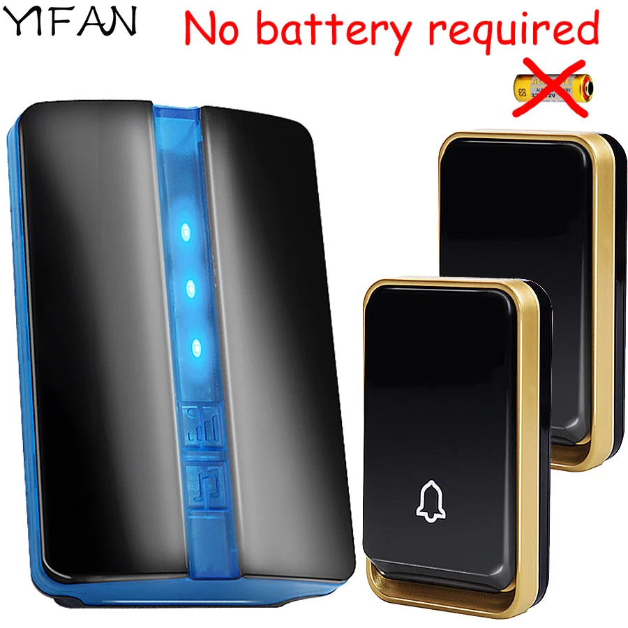 

YIFAN Self-powered Wireless Doorbell NO battery Waterproof EU Plug led light 150M long range Door Bell chime 2 button 1 receiver