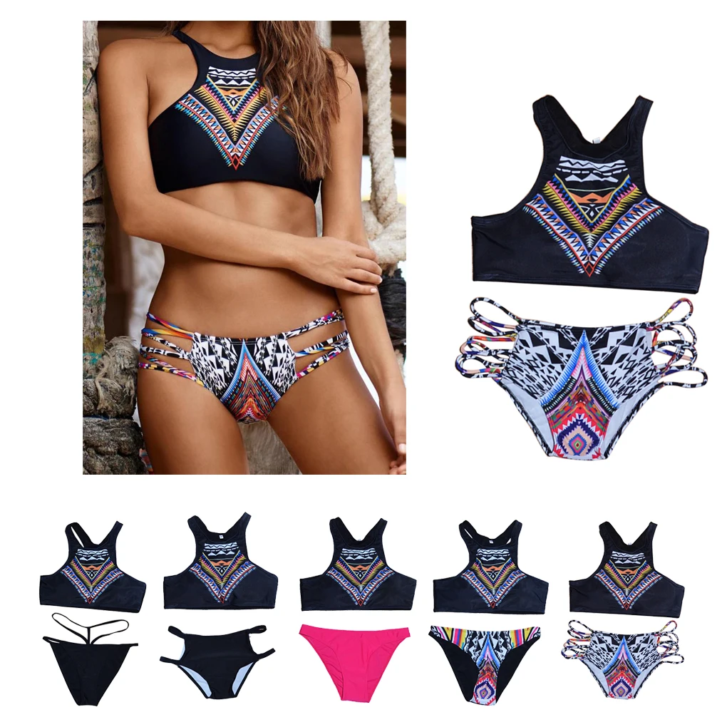 Buy Sexy Bikinis High Neck Push up Bikini Set Swimwear Slim Print Swimsuit