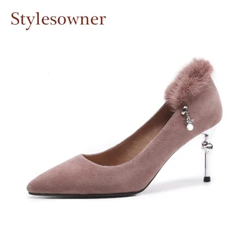 

Stylesowner elegant lady pointed toe shallow mouth pumps women back fur decor pearl metal stiletto heel party shoes mujer zapato