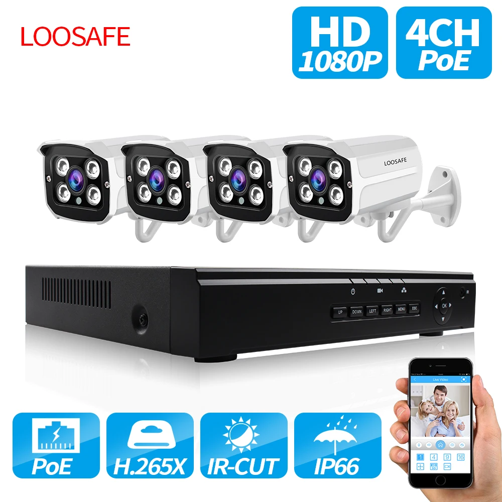 

LOOSAFE 1080P POE CCTV security Camera system 4CH NVR HDD P2P Onvif Surveillance Kit Outdoor Security IP Cam