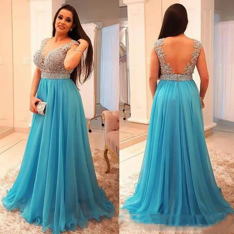 

Stunning Beaded Chiffon Plus Size Prom Dresses Deep V Neck Backless Evening Gowns Floor Length Pleated Long Formal Party Dresses