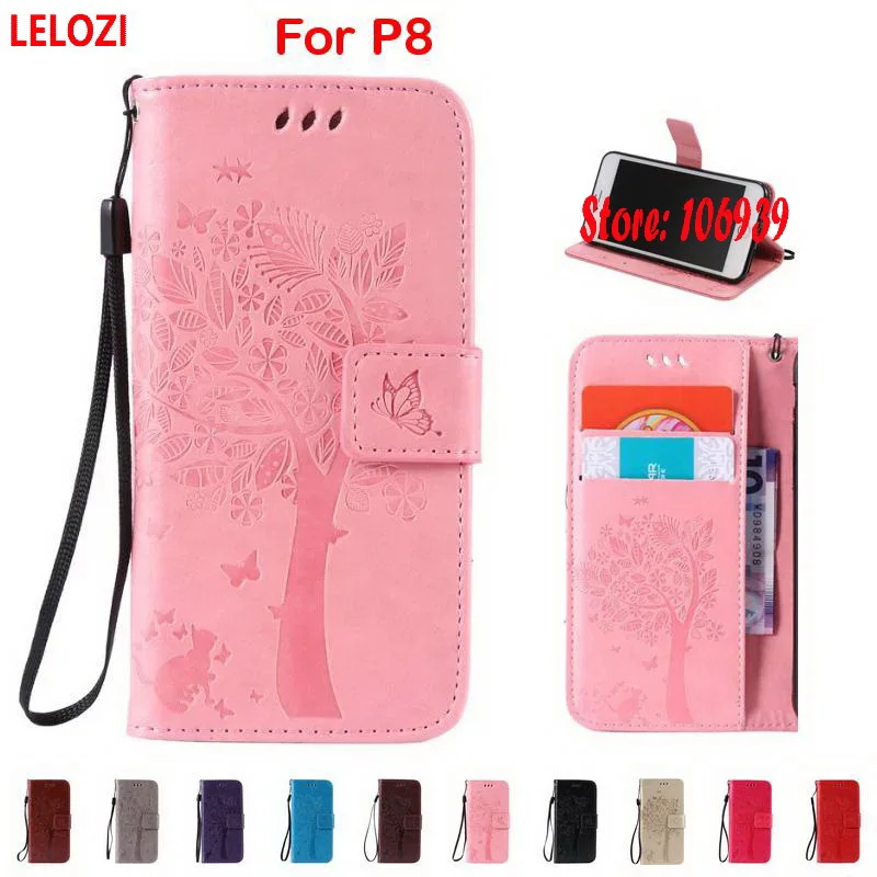 LELOZI Tree Cat Butterfly PU Leather Lether Wallet Lady Case For Huawei P8 Rose Brown Cute Art Purple Black New Coffee Luxury | Мобильные