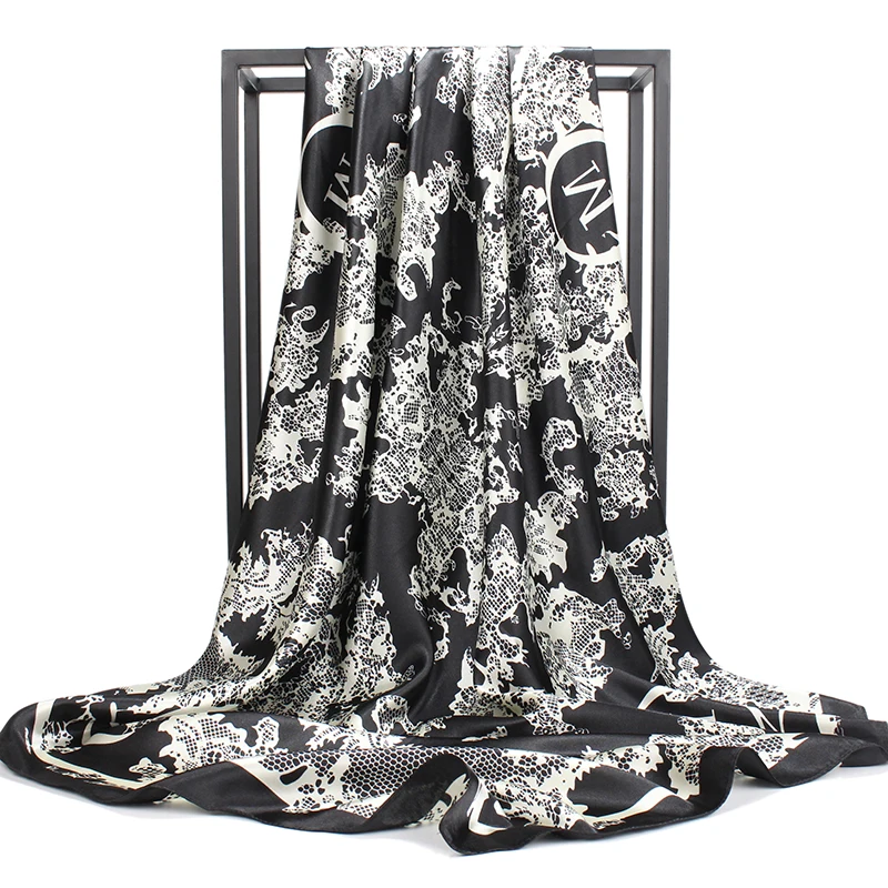 O CHUANG Fashion Silk Scarf Black Flower Print Large Luxury Brand Wraps Shawl Head Foulard Soie Square Women Scarves 90X90