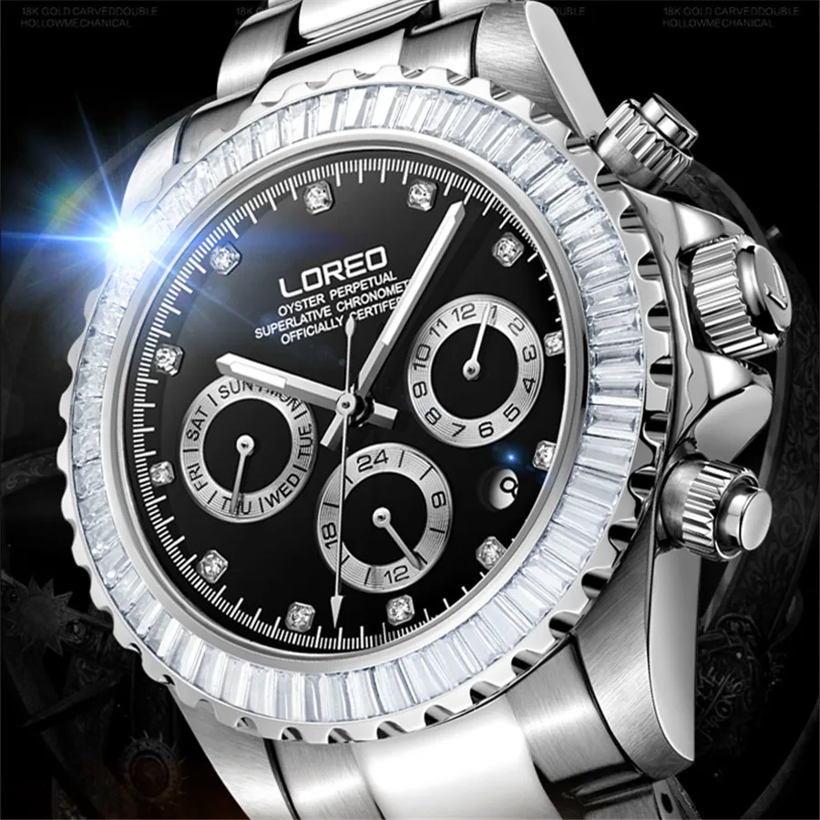 Loreo الماس التلقائية الميكانيكية ووتش رجالي ساعات أعلى ماركة فاخرة المقاوم للصدأ للماء الياقوت الأزرق الهاتفي الساعات