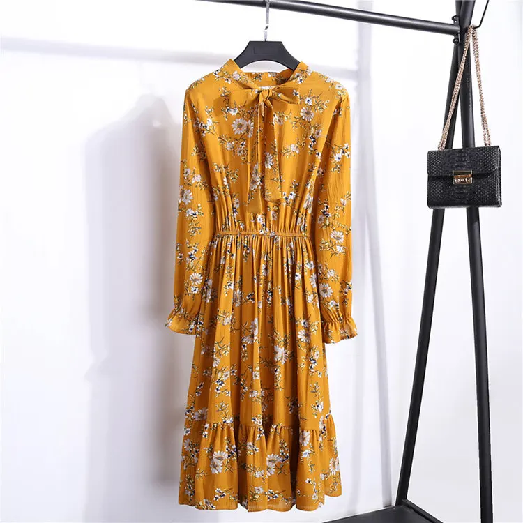 24 Types Floral Print Dresses Women Autumn Chiffon Dress Casual Bowknot O-Neck Long Sleeve Vestidos Mujer Retro Robe Femme Dress (33)