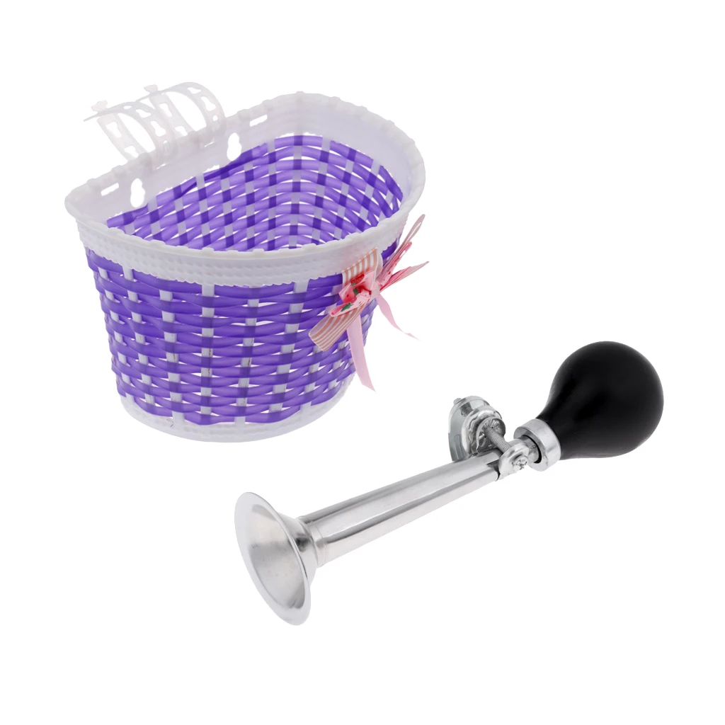 Kids Rubber Bulb Bike Air Horn Bugle with Front Basket Shopping Holder for Girls Bicycle Scooter Pink Purple