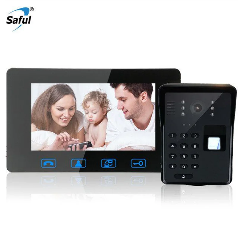 Saful 7 inch Waterproof video Intercom System with Fingerprint Keypad unlock Touch Key with Night Vision Wired Door Phone