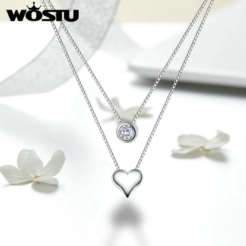WOSTU, ожерелье с круглой подвеской в виде сердечка и круга, Радужный циркон, Корейская двойная Длинная цепочка для женщин, свадебные ювелирные изделия, SDTN087