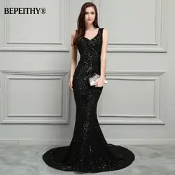 BEPEITHY Новый Русалка Длинные Выпускные платья 2019 блестящее платье Vestido Longo суд Поезд Сексуальная открытой спиной Вечерние без рукавов