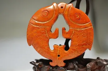 

Old China's hand carved jade pendant Pisces, collection free shipping
