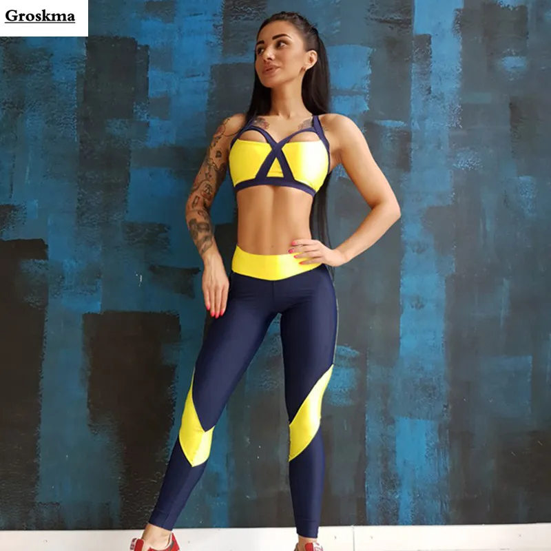 

Sexy bra+leggings women yoga two piece set patchwork sportswear clothing womens fitness gym tracksuits sets training joging