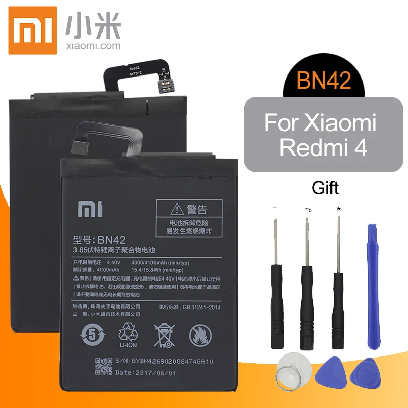 Xiao mi аккумулятор для мобильного телефона BN42 для Xiaomi Redmi 4 сменный аккумулятор большой емкости 4000 мАч высокое качество+ Инструменты