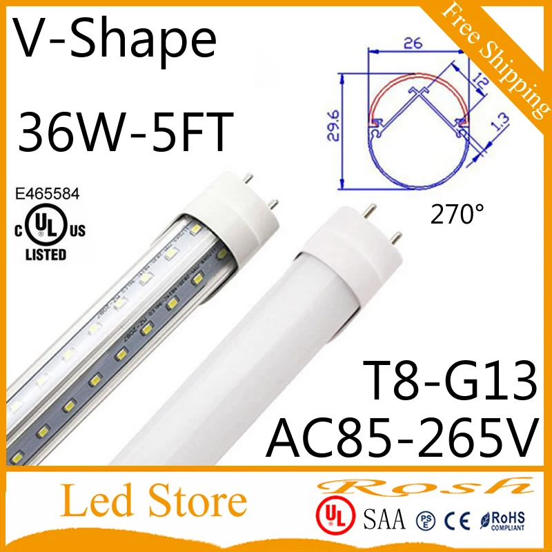 36 Вт светодиодные трубки 5 футов люминесцентная лампа T8 G13 V Shape AC85 265V 3600lm 1500 мм
