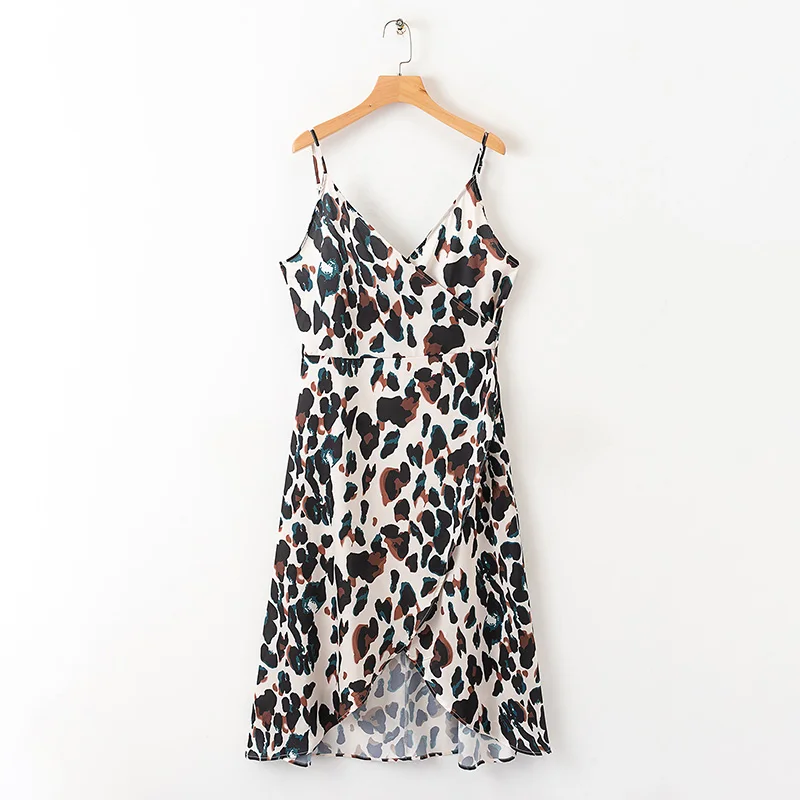 

Sexy Women Leopard Printed Dress Spaghetti Strap V-Neck Cross V Hem A-Line Ankle-Length Dresses Retro Casual Vestidos Mujer