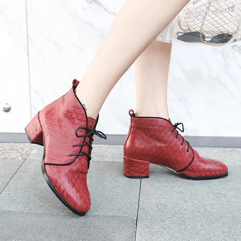 

LAPOLAKA 2018 wholesale cow genuine leather lace up chunky heels Boots Women Shoes retro booties Woman ankle Boots