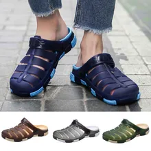 Мужские однотонные сандалии с вырезами и круглым закрытым носком легкая дышащая пляжная обувь больших размеров нескользящая обувь с отверстиями