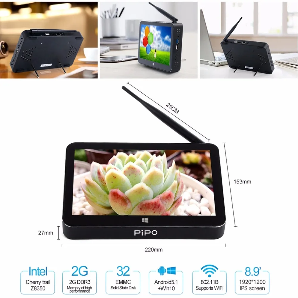 8,9 дюймов PiPo X11 ТВ коробка Стиль Tablet Mini PC 2 ГБ Оперативная память 32 ГБ Встроенная память Android 5,1 и Windows 10 Intel Cherry Trail X5-Z8350 4 ядра