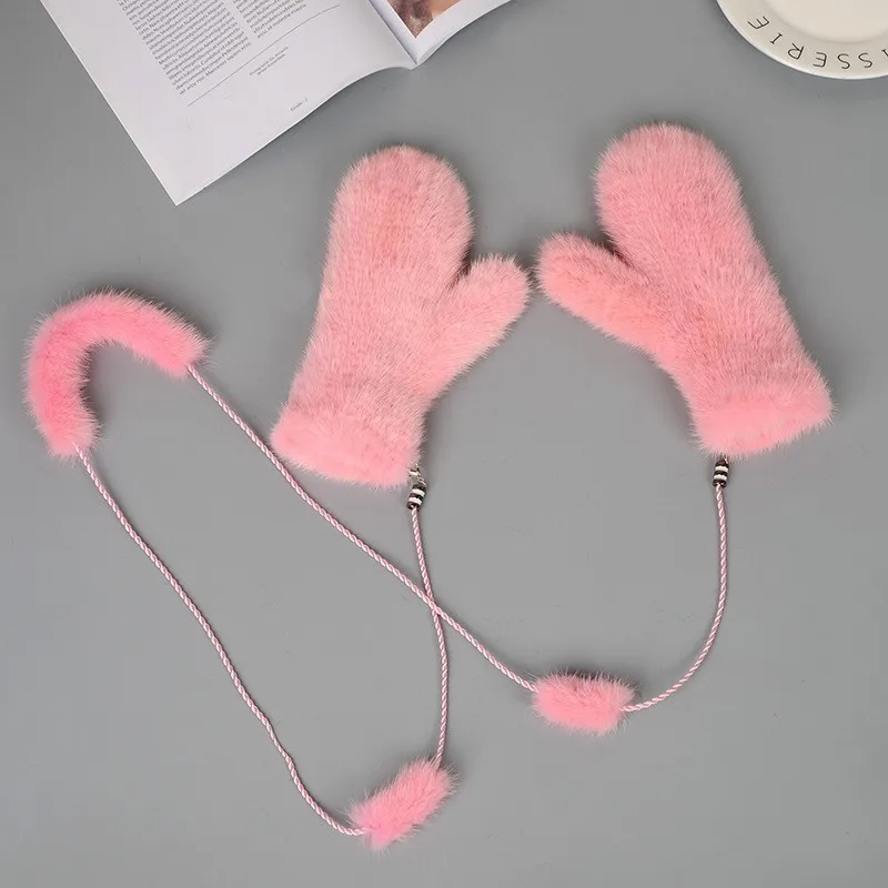 dark pink Mink Fur Orange Gloves Women Winter New Korean Version Of The Warm Cute Female Suede Weaving Fingers Fur Gloves - Цвет: dark pink