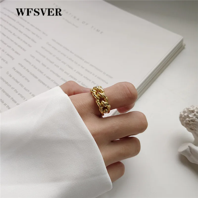 WFSVER корейский стиль кольцо из стерлингового серебра 925 для женщин Мода Золотой цвет цепи Незамкнутое регулируемое кольцо ювелирные изделия подарок