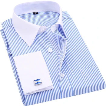 

High Quality Striped Men French Cufflinks Casual Dress Shirts Long Sleeved White Collar Design Style Wedding Tuxedo Shirt 6XL