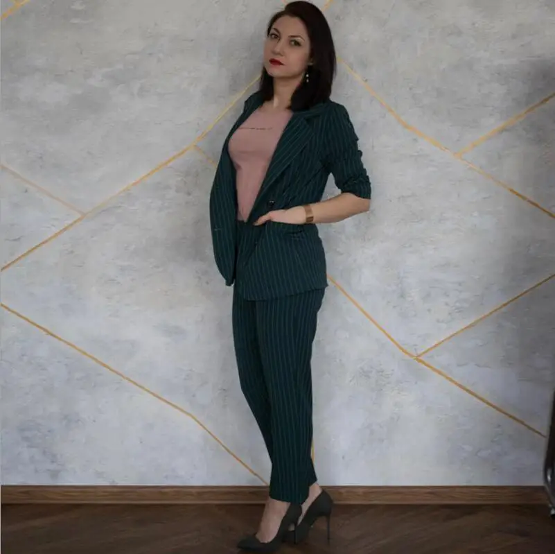 Work Pant Suits OL 2 Piece Sets Double Breasted Striped Blazer Jacket& Zipper Trousers Suit For Women Set Feminino Spring - Цвет: green