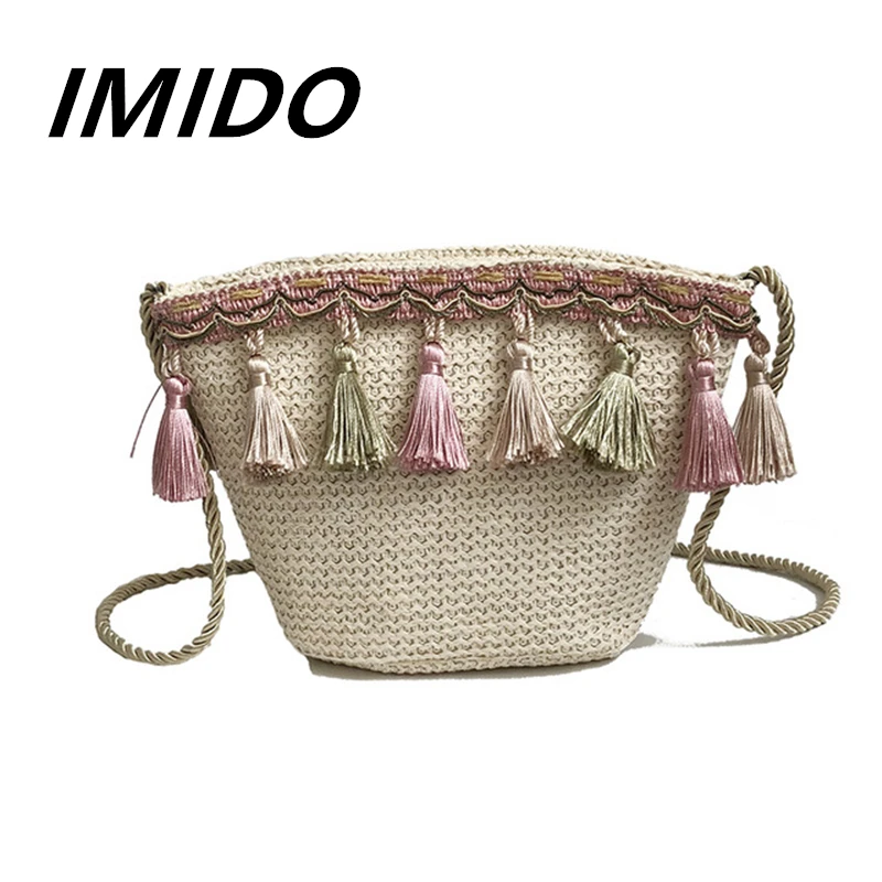 IMIDO Summer Style Korean Straw Tassel Simple And Stylish Women's Single Shoulder Diagonal Shell Bag Leisure Shopping Party