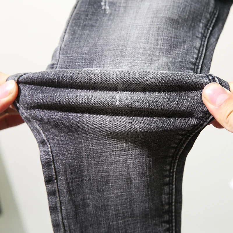 С двигателем внутреннего сгорания серый джинсы для женщин средства ухода за кожей стоп, повседневные спортивные штаны с высокой талией в Корейском стиле отверстие луч с эластичной талией краев золы в обтяжку 9 точек джинсы в Корейском стиле