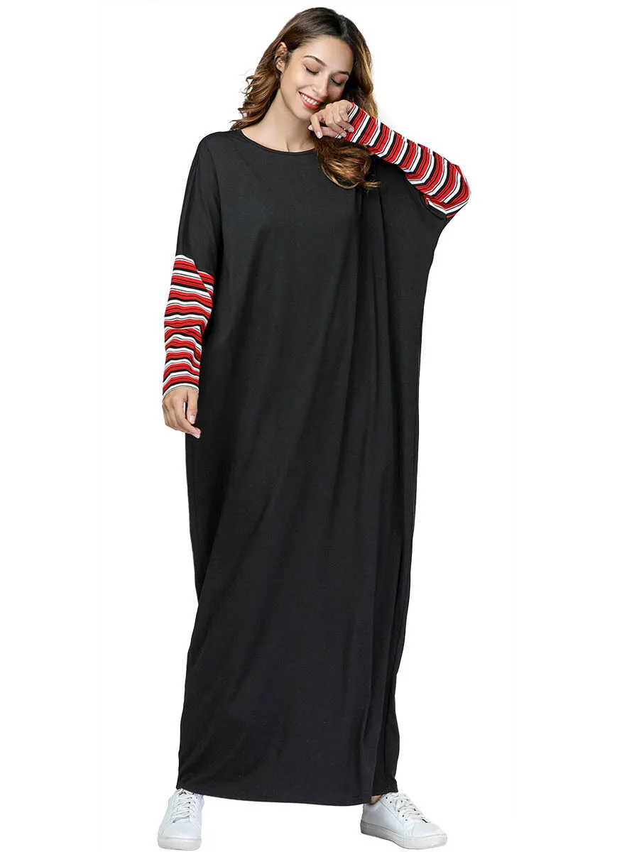

Casual Striped Maxi Dress Bat Sleeve Loose Abaya Plus Size Long Kimono Robe Gowns Muslim Middle East Islamic Clothing Full Dress