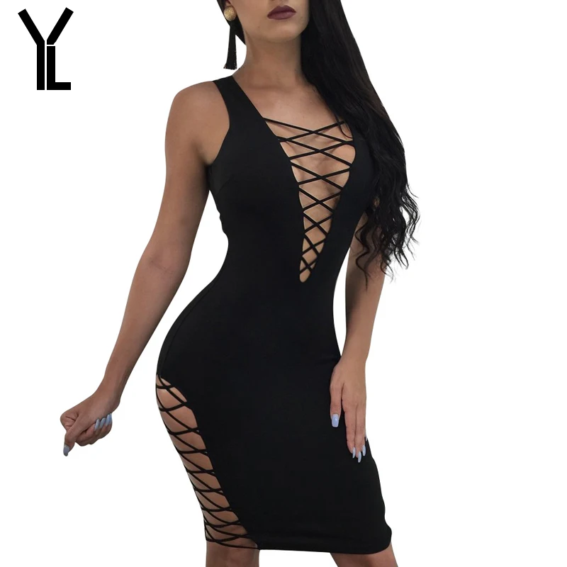 2018 Women Dress V Neck Solid Sexy Lace Up Straight Robe Femme Fashion Summer Party | Женская одежда