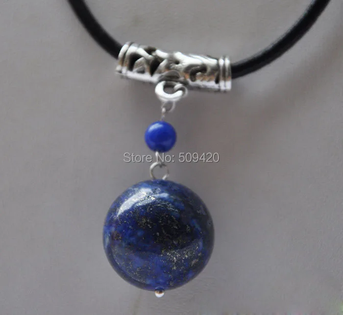 

W&O655 >14mm round Lapis lazuli ball Pendant Leather rope NECKLACE