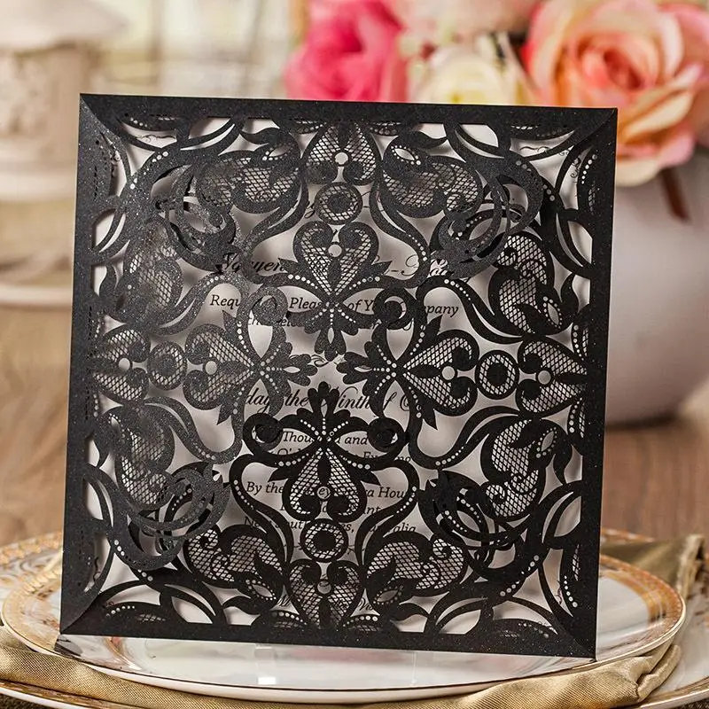 Personzlied Square Shape Hollow Out Laser Cut Black Color Wedding Invitation Card