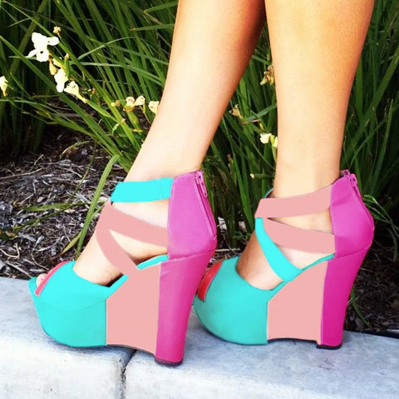 

SHOFOO shoes,2017 new free shipping, multi color leather combination, 13 cm heel sandals. Women's sandals. SIZE:34-45