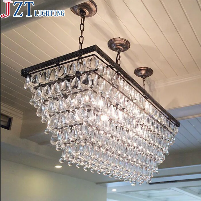 

M L80 * W 30cm Retro Iron Art Bar Crystal Light American Country Creative Rectangular Coffee Restaurant Living Room Hanging Lamp