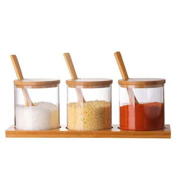 

1 Set Seasoning Jars Glass Kitchen Clear Condiment Spice Holder Organizer Container Pot Cruet with Wooden Spoon