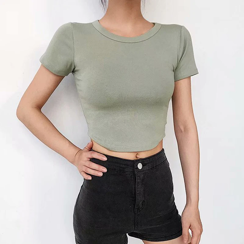 

Women Casual O-neck Solid Short Sleeve Skinny Crop Top T-shirt 4 Colors Women Round Hemline Women Solid Summer Crop Top Tee