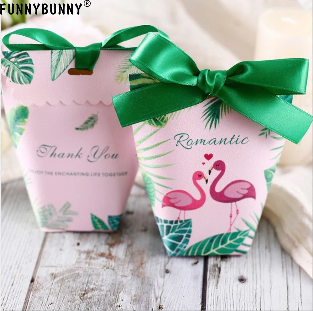 

FUNNYBUNNY Pink Swan Favor Green Ribbon Gift Box Candy Box Wedding Party Decor