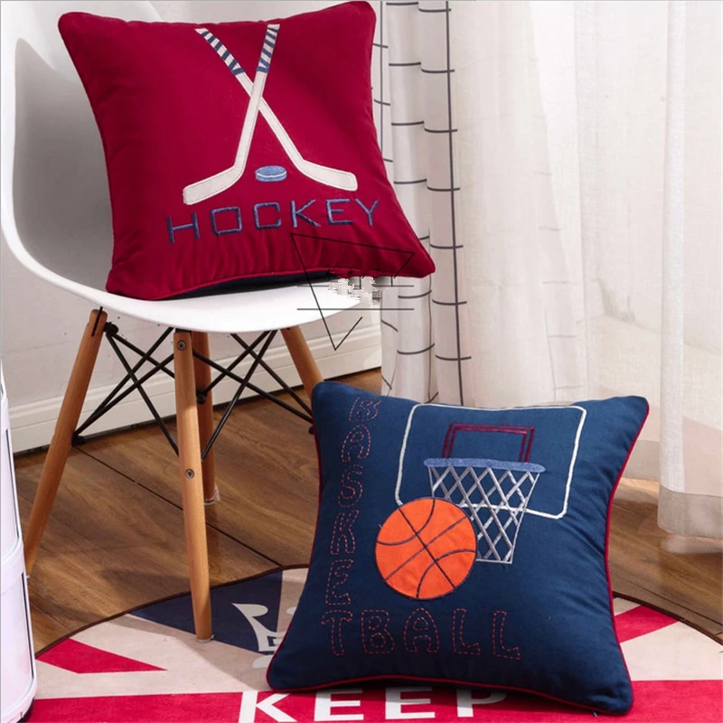 

48x48cm Square Cotton Cloth Basketball Hockey Embroidered Cushion Car Home Sofa Seat Boy Children Room Throw Pillow