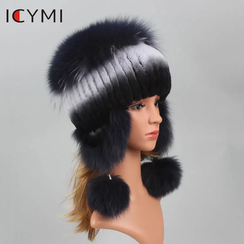 

ICYMI Winter Warm Real Rex Rabbit Fur Elastic Knitted Hats with Fox Fur 2019 Fashion Women's Beanies Fur Hat with Ear Protector
