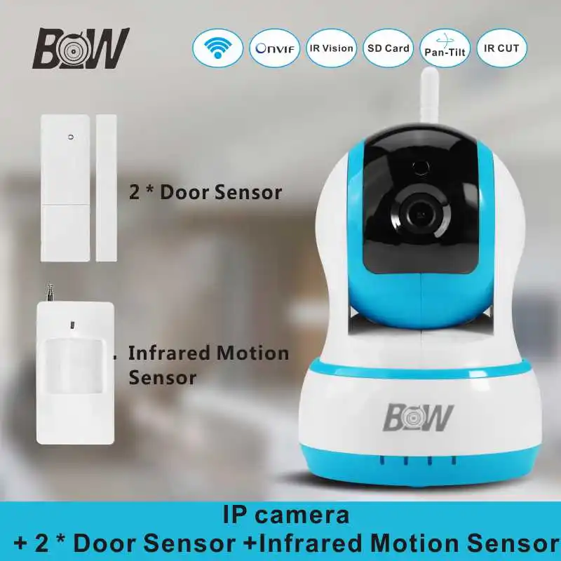 WiFi  Infrared Camera IP + 2 Door Sensor +Infrared Motion Sensor Alarm System Home Security Camera Wireless Surveillance BW013B