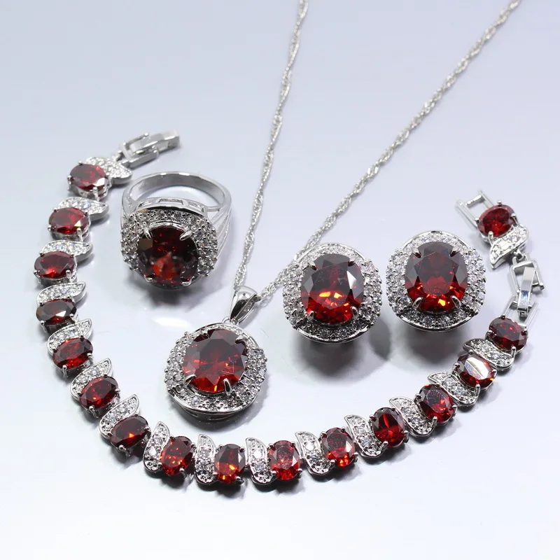 925 Sterling Silver Big Jewelry Set Red Earring Necklace